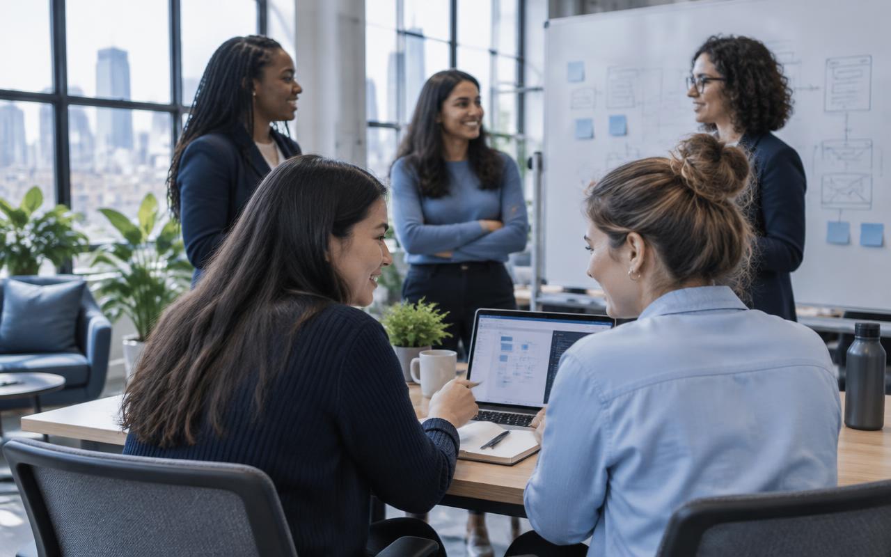 Equipo de profesionales colaborando en un espacio de tecnología; imagen conceptual
